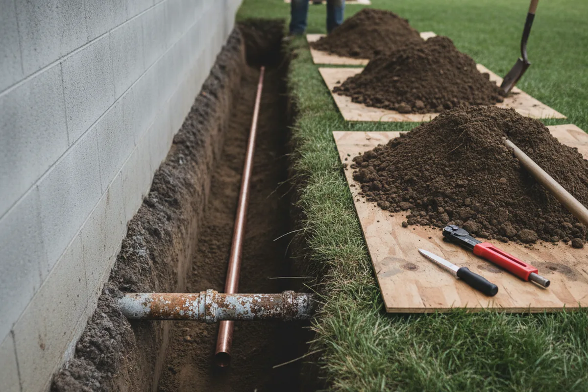 Excavated water line trench during Sewer Line Repair in Farrell